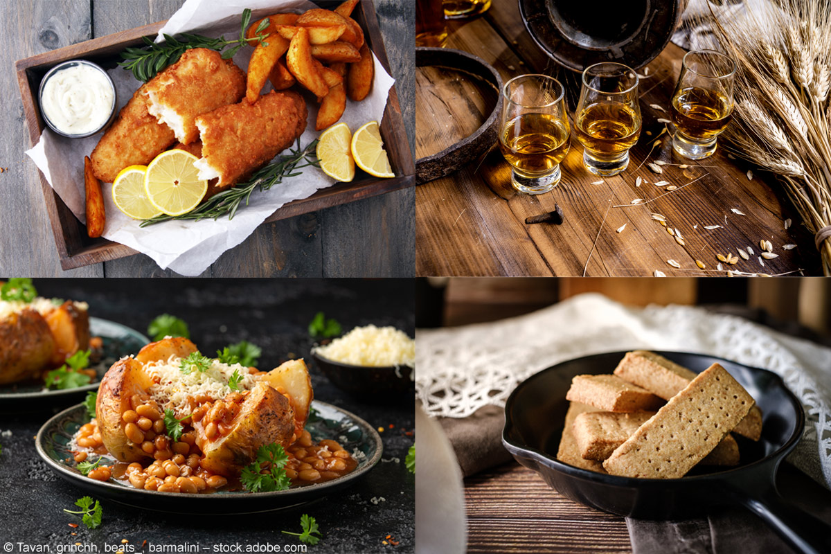 Fish and Chips, schottischer Whisky, Ofenkartoffel mit Baked Beans, Shortbread