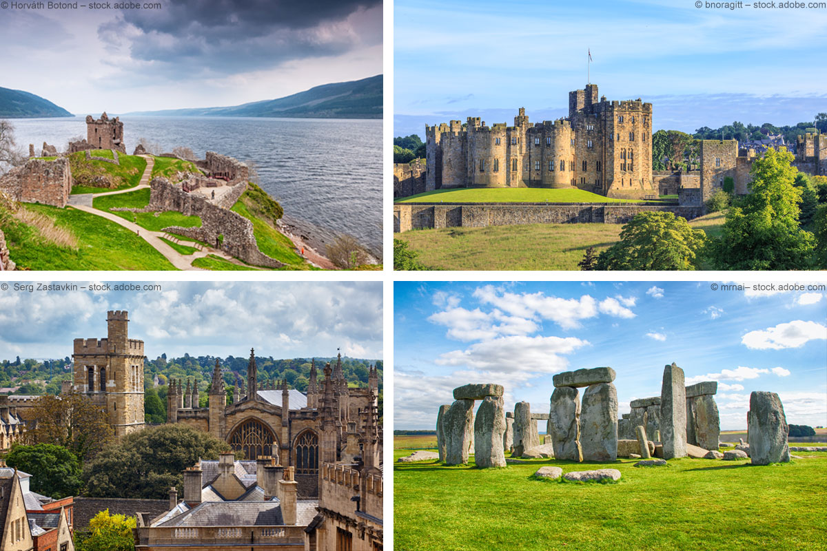 Bildcollage aus vier Fotos: Urquhart Castle am Loch Ness, Alnwick Castle, Oxford, Stonehenge Bildcollage aus vier Fotos: Urquhart Castle am Loch Ness, Alnwick Castle, Oxford, Stonehenge