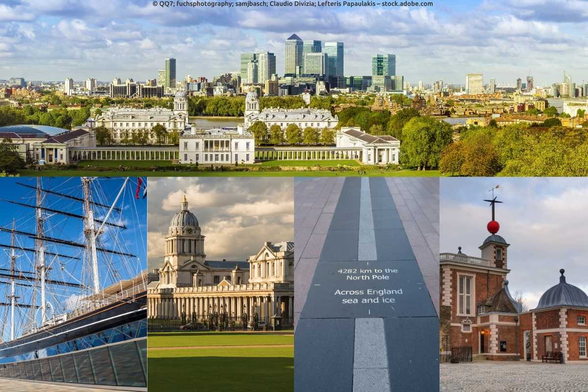 Bildcollage mit Panoramablick auf das National Maritime Museum Greenwich mit Londons Skyline im Hintergrund, The Cutty Sark, Old Royal Naval College, Null-Meridian und The Royal Observatory in Greenwich
